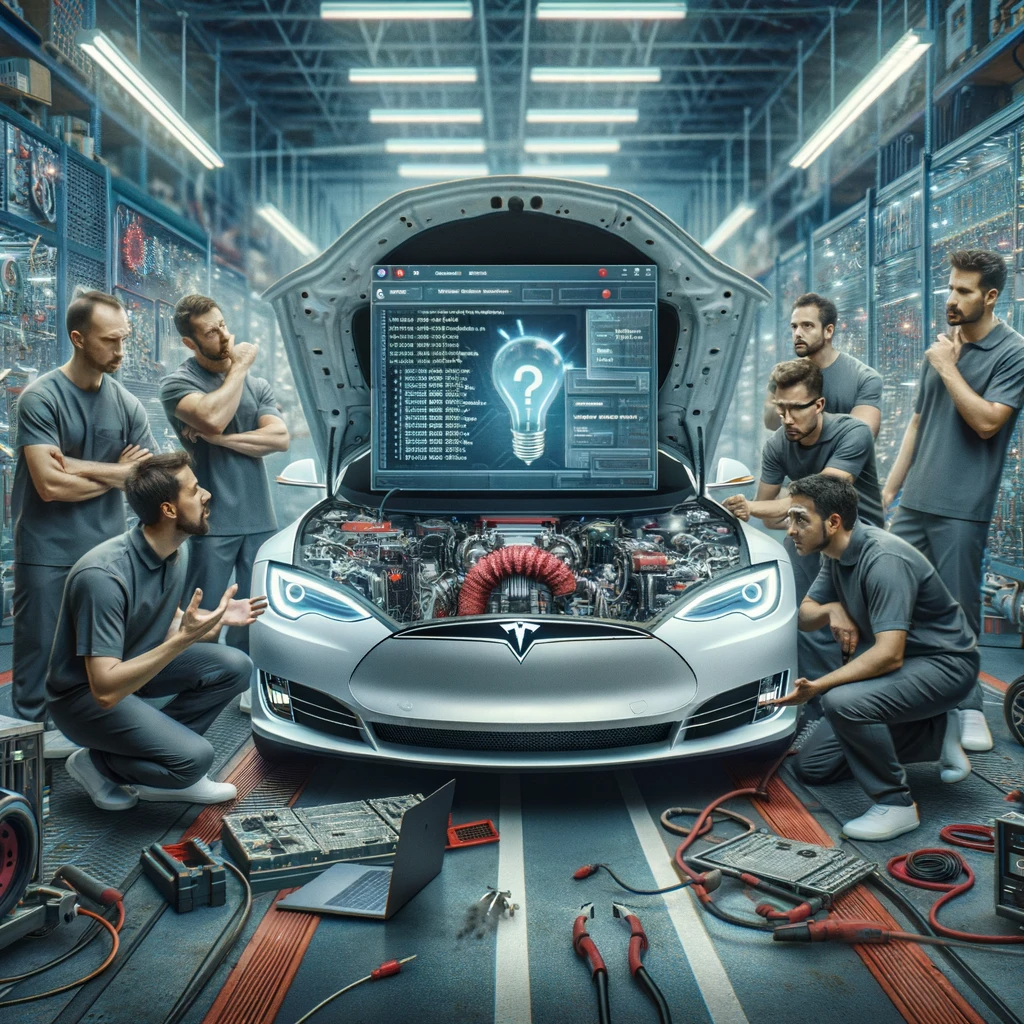 A team of engineers and technicians gathered around a tesla car